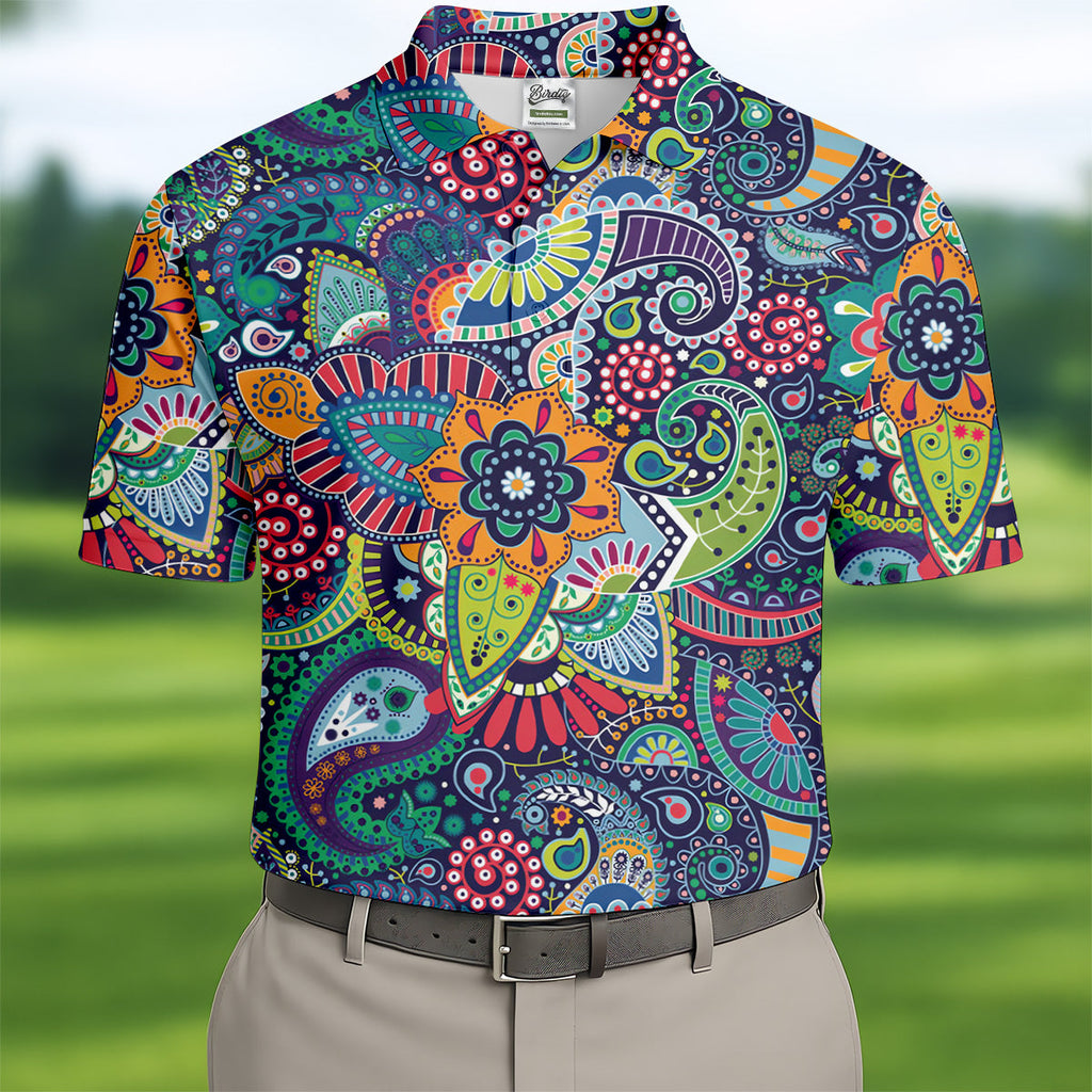 Colorful Paisley Men Polo, Mens Paisley Shirts, Mens Golf Polo Shirt Golf Gift For Men