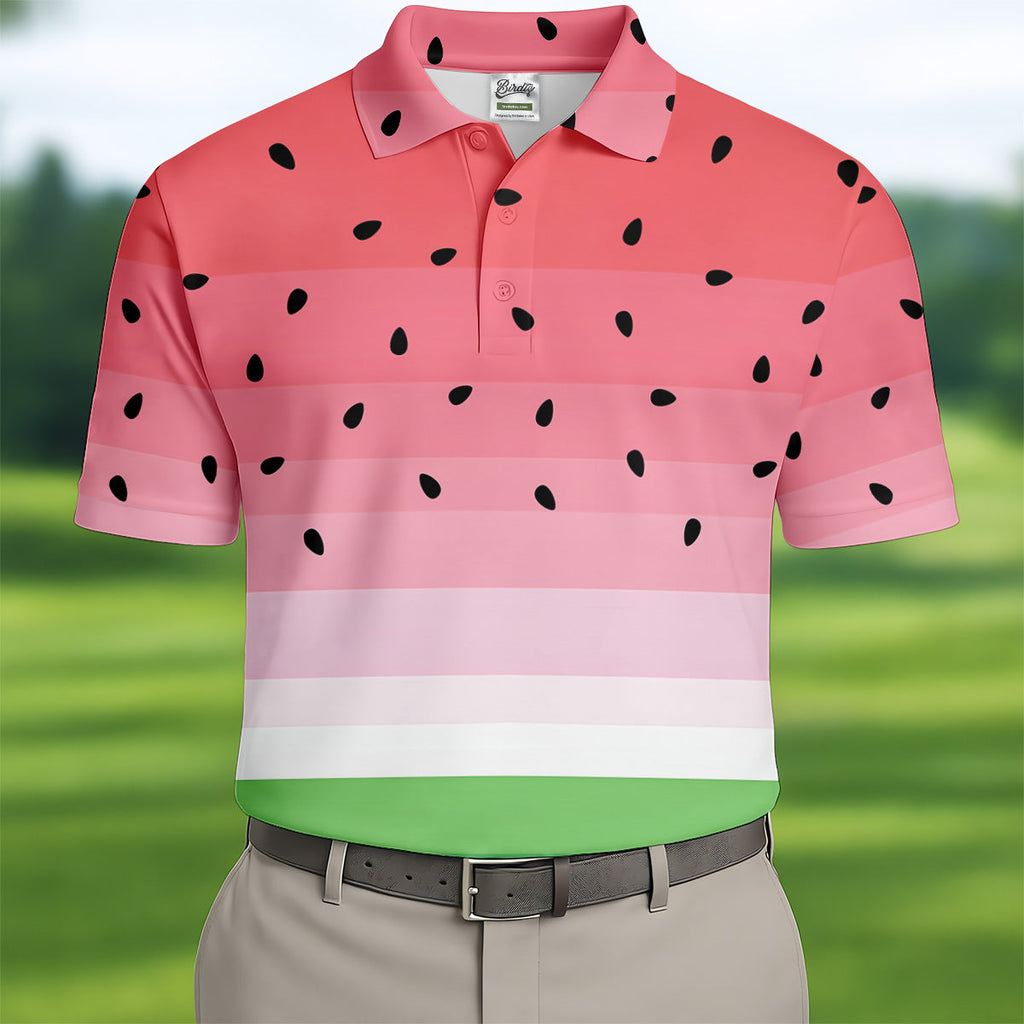 Watermelon Summer Mens Golf Polo Shirt Pink Golf Shirt, Unique Gift For Golfer, Golfing Apparel