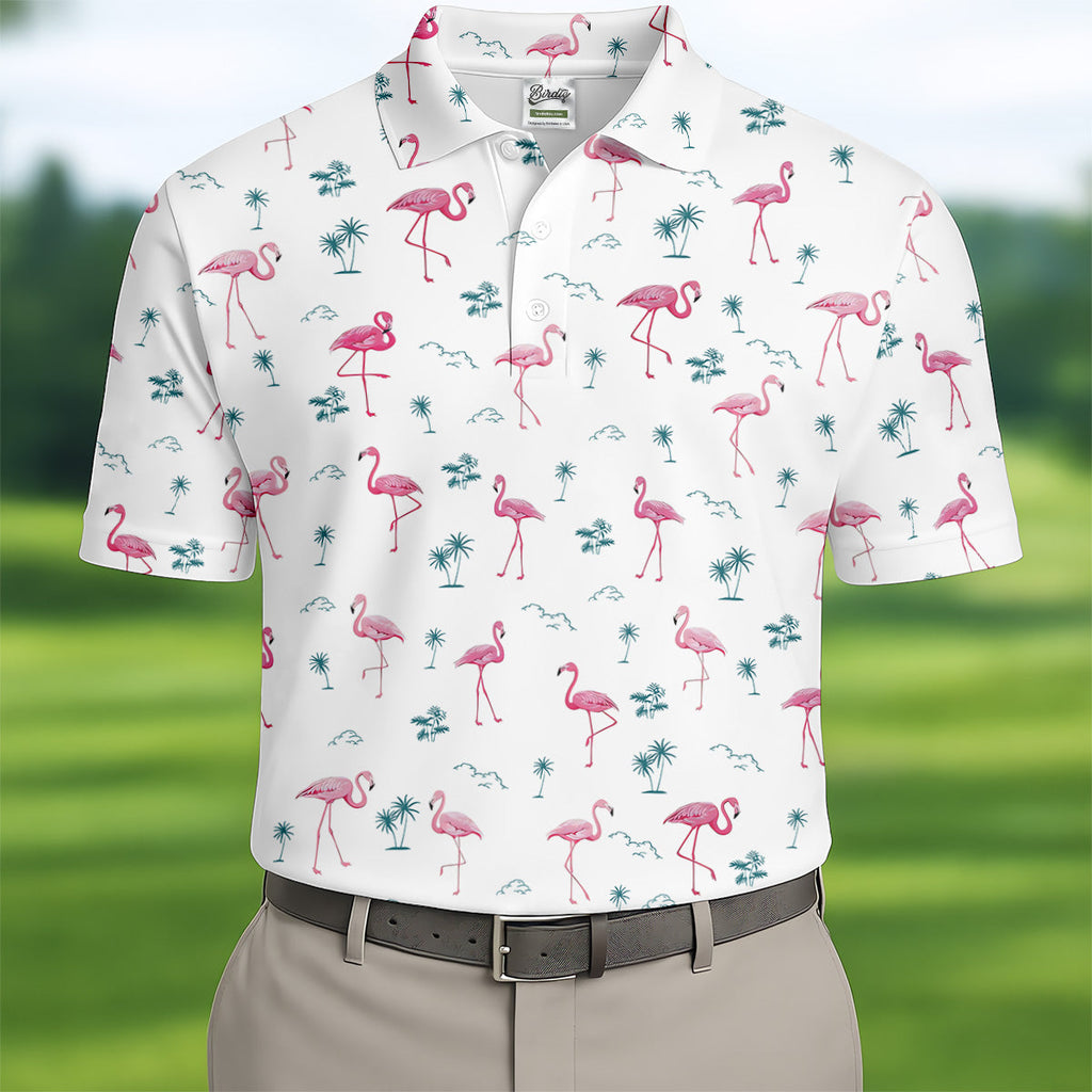 Flamingo Tropical White Polo Shirt, Summer Polo Shirt Unique Gift For Golfer