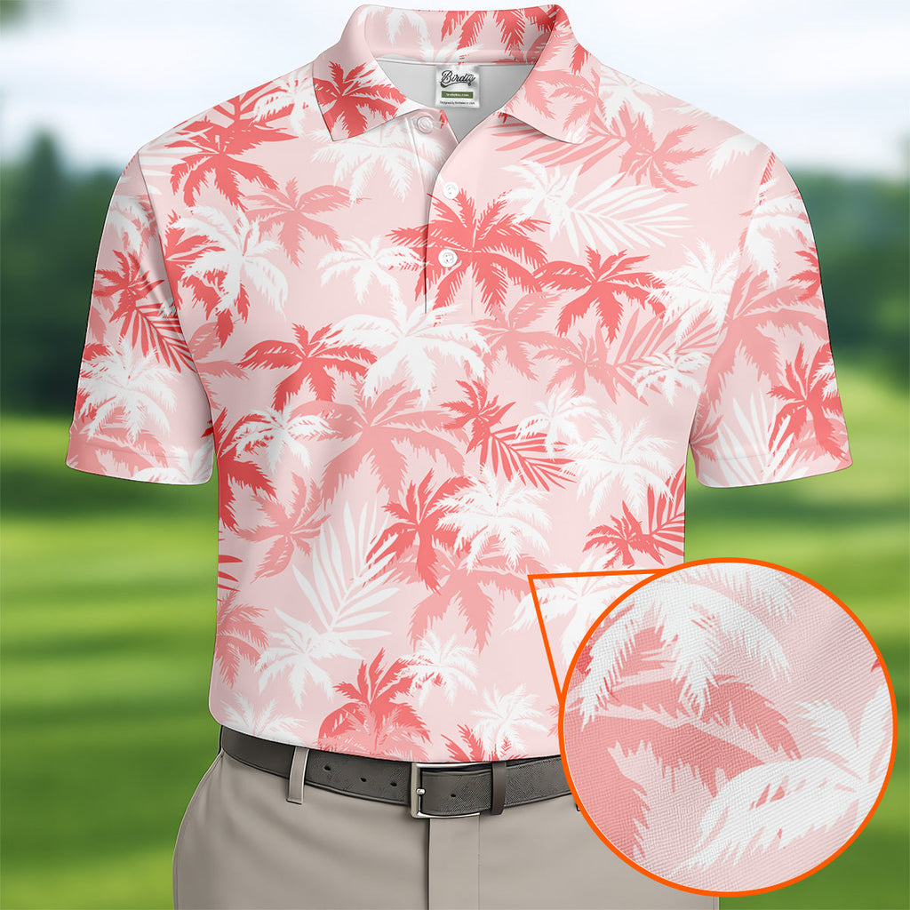 Palm Leaves Print Tropical Pink Golf Tops For Men, Hawaiian Golf Shirts, Polo Shirts For Men