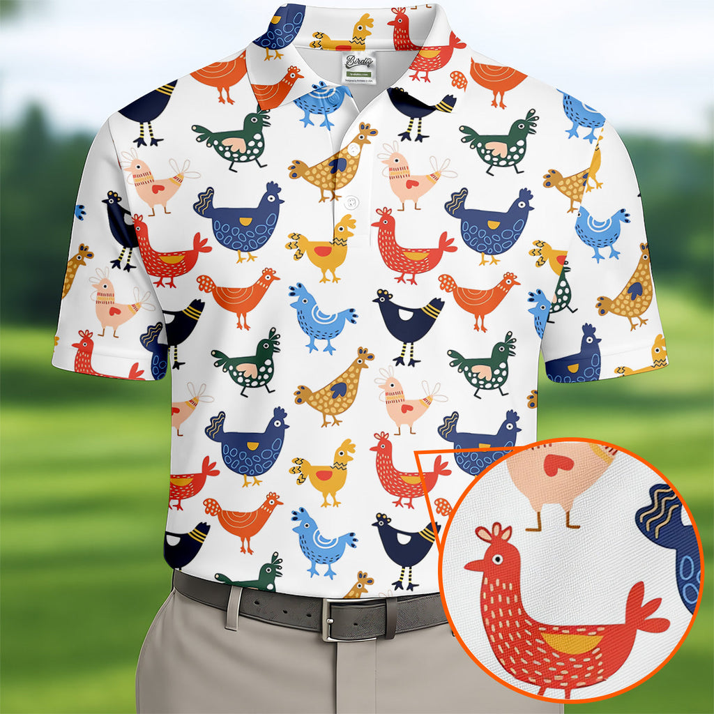 Colorful Animated Chickens White Polo Shirt Mens, Fun Golf Shirts For Men, Gift For Chicken Lover