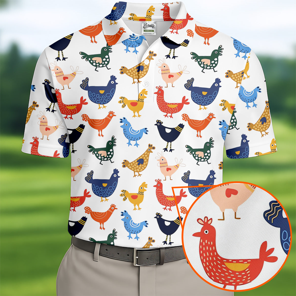 Colorful Animated Chickens White Polo Shirt Mens, Fun Golf Shirts For Men, Gift For Chicken Lover