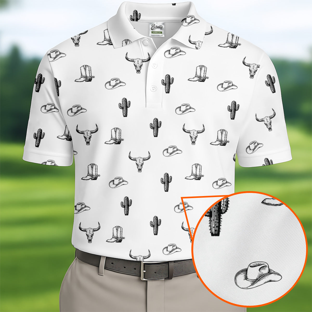 Wild West Cactus White Western Golf Shirt, Golf Tops For Men, Polo Shirts For Men, Golfing Apparel