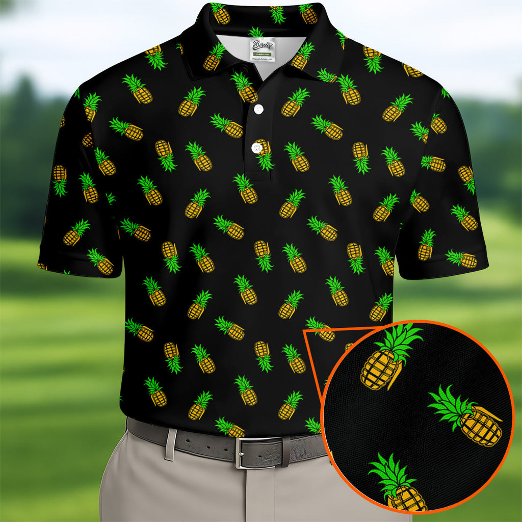 Pineapple Grenade Black And Yellow Golf Tops For Men, Men Polo, Golf Gift For Men, Golfing Apparel