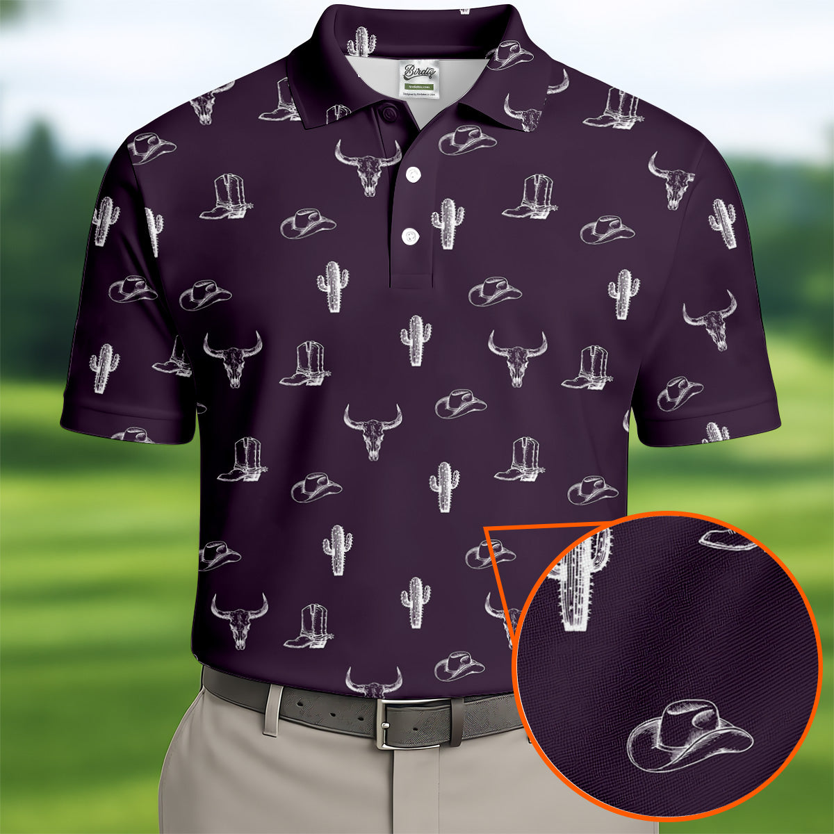 Wild West Cactus Purple Western Golf Shirt, Golf Tops For Men, Polo Shirts For Men, Golfing Apparel