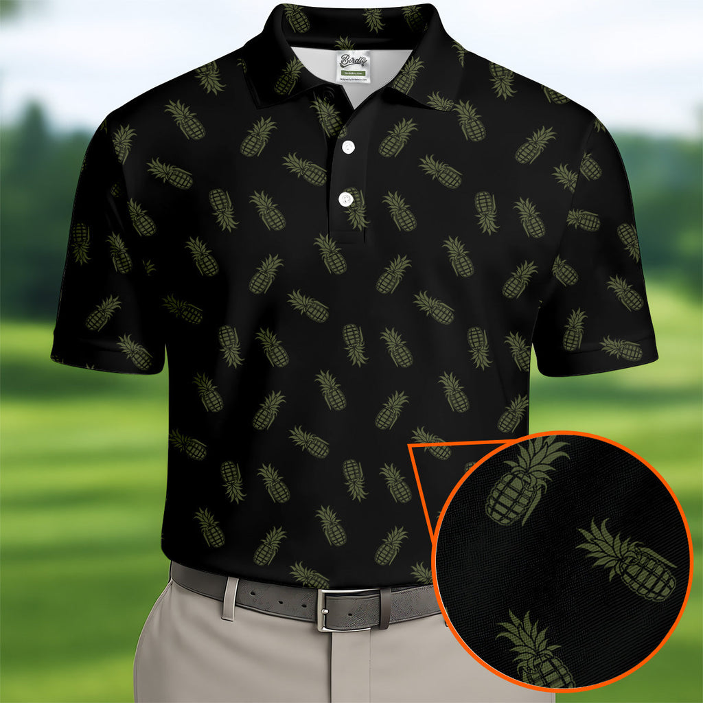 Pineapple Grenade Black Moss Green Golf Tops For Men, Men Polo, Golf Gift For Men