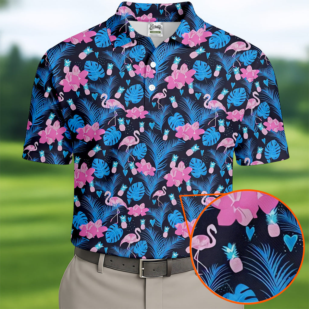 Flamingo Pink Pink And Blue Tropical Golf Shirts, Polo Shirts For Men, Golf Gift For Men, Golfing Apparel