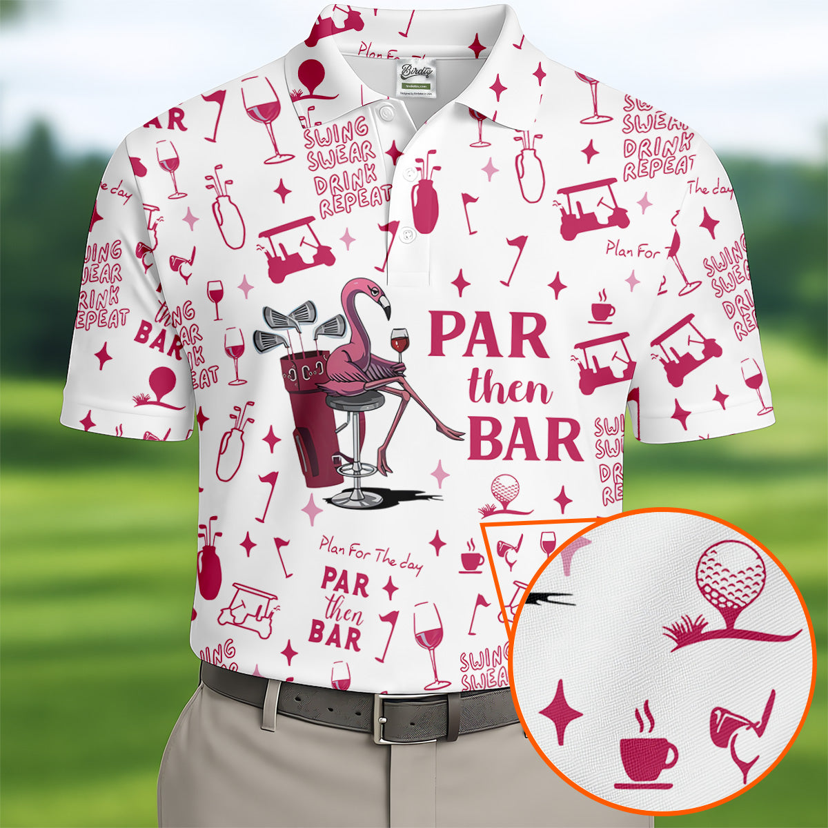 Swing Swear Drink Repeat Par Then Bar Flamingo Golf Shirt, Fun Men's Golf Polos, Polo Shirts For Men