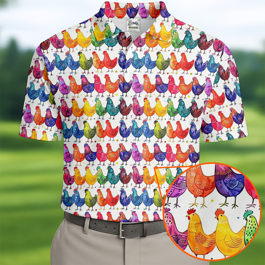 Whimsical Chicken Colorful Golf Shirt, Cute Golf Outfit, Polo Shirts For Men, Golfing Apparel