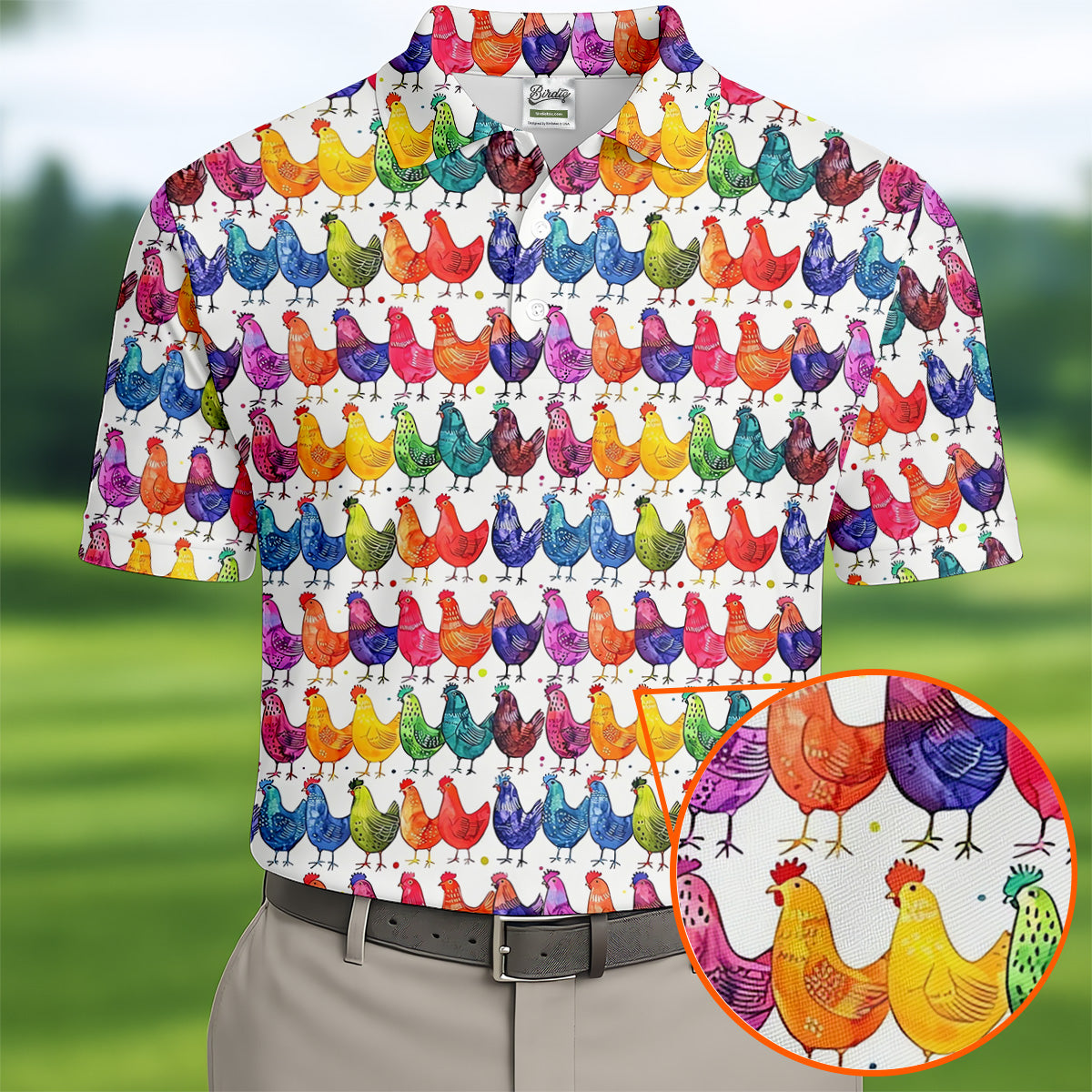 Whimsical Chicken Colorful Golf Shirt, Cute Golf Outfit, Polo Shirts For Men, Golfing Apparel