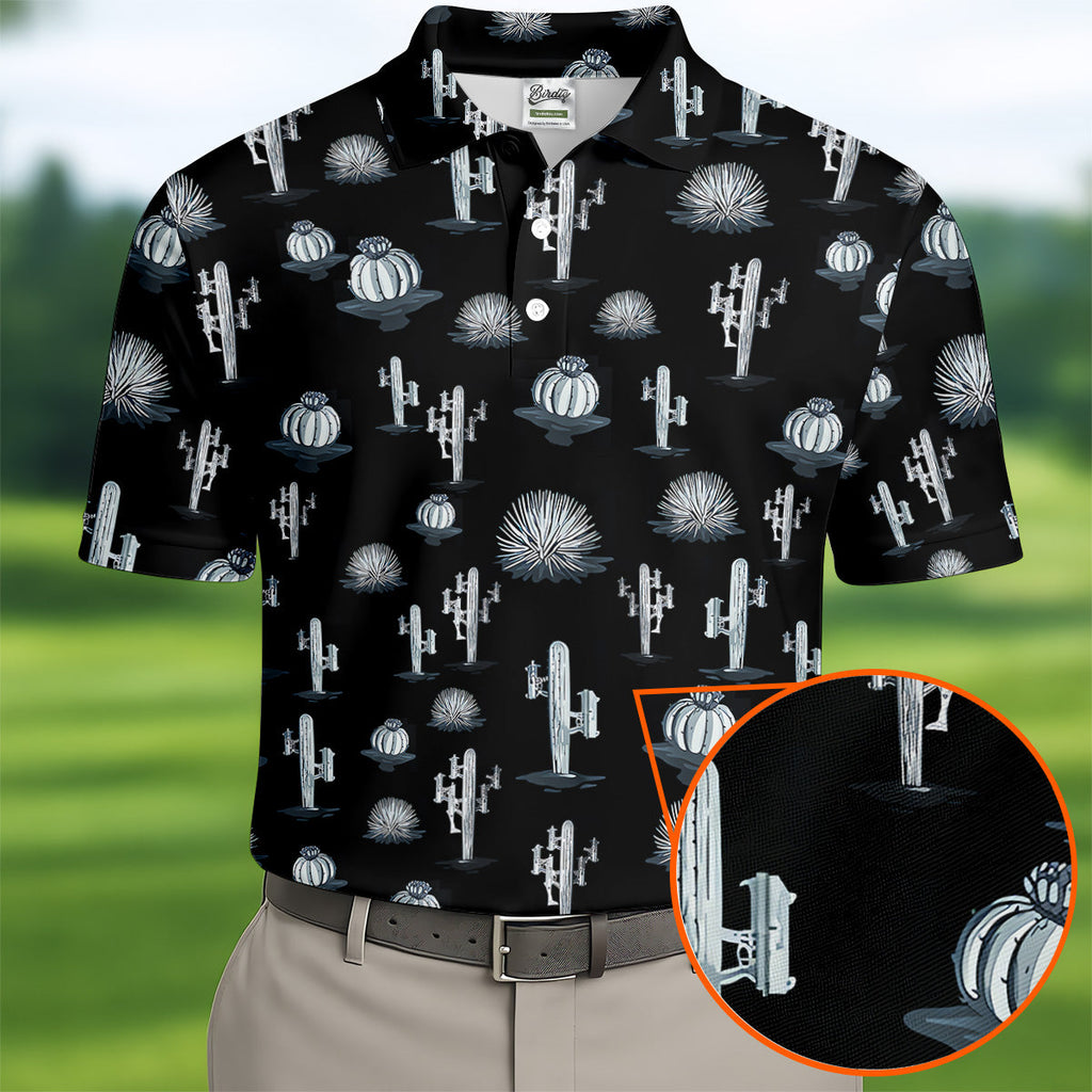 Desert Cactus Black And White Golf Tops For Men, Golf Gift For Men, Golf Shirts For Men