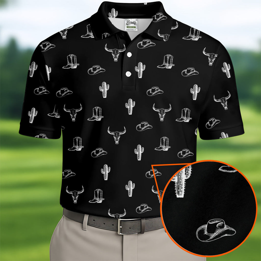 Wild West Cactus Black Western Golf Shirt, Golf Tops For Men, Polo Shirts For Men, Golfing Apparel