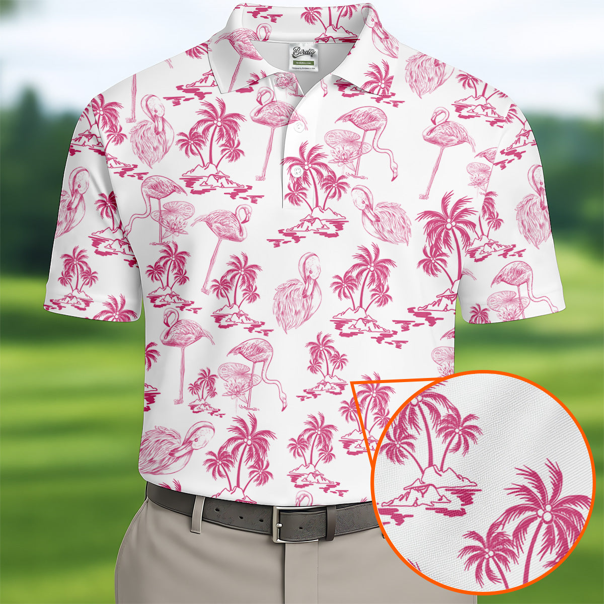 White And Pink Flamingo Tropical Men Polo, Polo Shirts For Men, Golf Gift For Men, Golfing Apparel