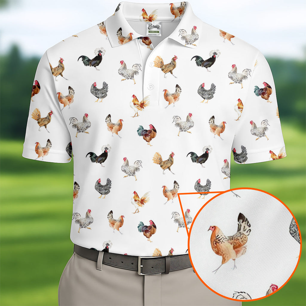 Prancing Chickens Men's White Golf Polo, Gift For Chicken Lover, Polo Shirts For Men, Golfing Apparel