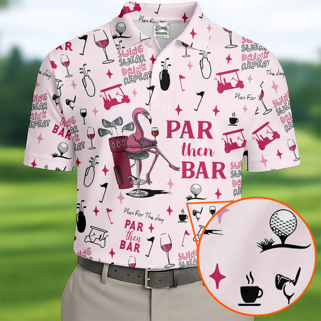 Pink Swing Swear Drink Repeat Par Then Bar Flamingo Golf Shirt, Fun Golf Shirts For Men, Polo For Men