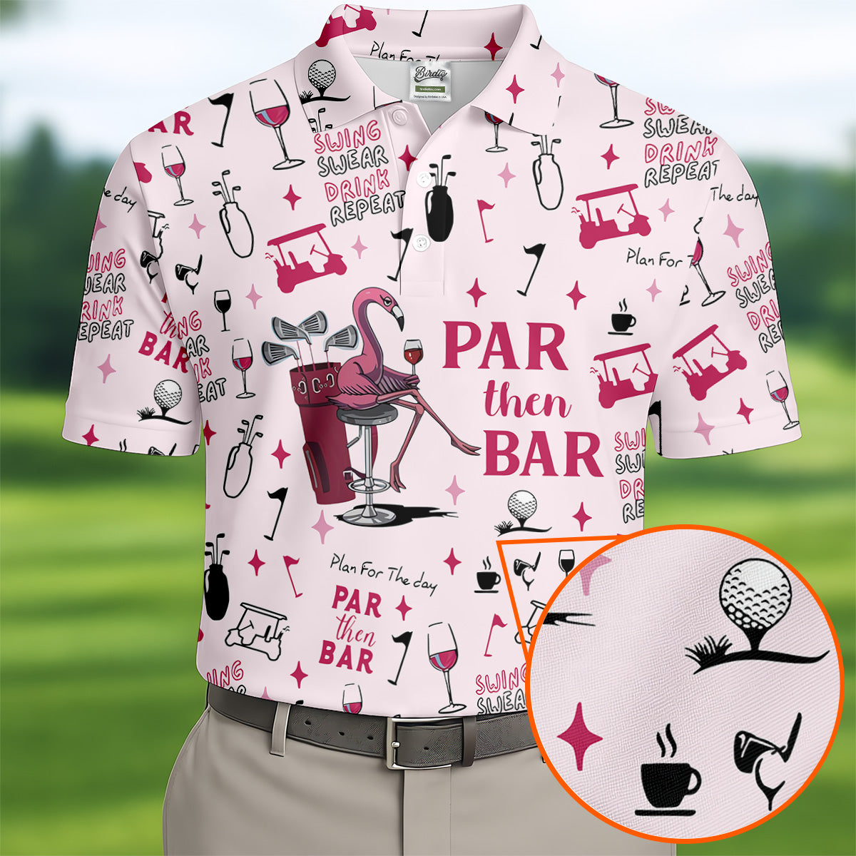 Pink Swing Swear Drink Repeat Par Then Bar Flamingo Golf Shirt, Fun Golf Shirts For Men, Polo For Men