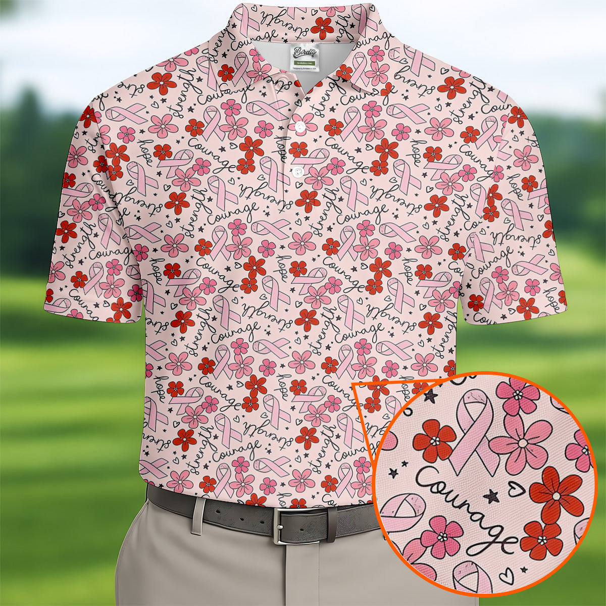 Breast Cancer Awareness Ribbon Flower Men Shirt, Men's Pink Golf Polo, Polo Shirts For Men