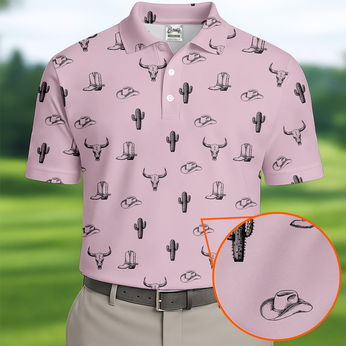 Wild West Cactus Pink Lavender Western Golf Shirt, Golf Tops For Men, Polo Shirts For Men, Golfing Apparel