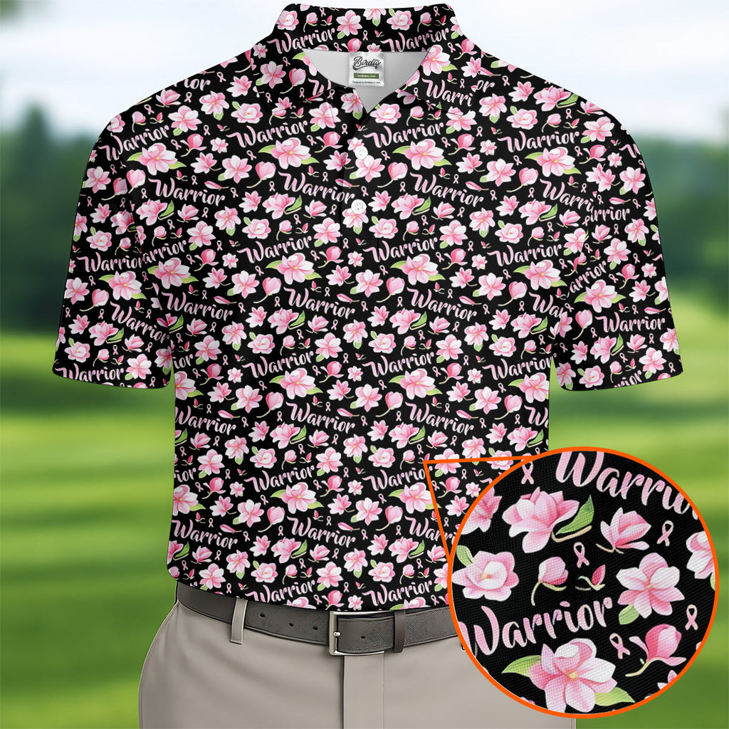Warrior Pink Ribbons Floral Breast Cancer Golf Shirt, Polo Shirts For Men, Golfing Apparel