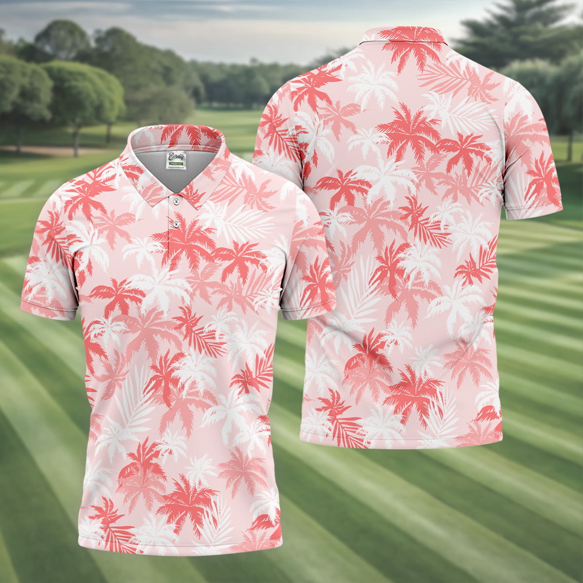 Palm Leaves Print Tropical Pink Golf Tops For Men, Hawaiian Golf Shirts, Polo Shirts For Men