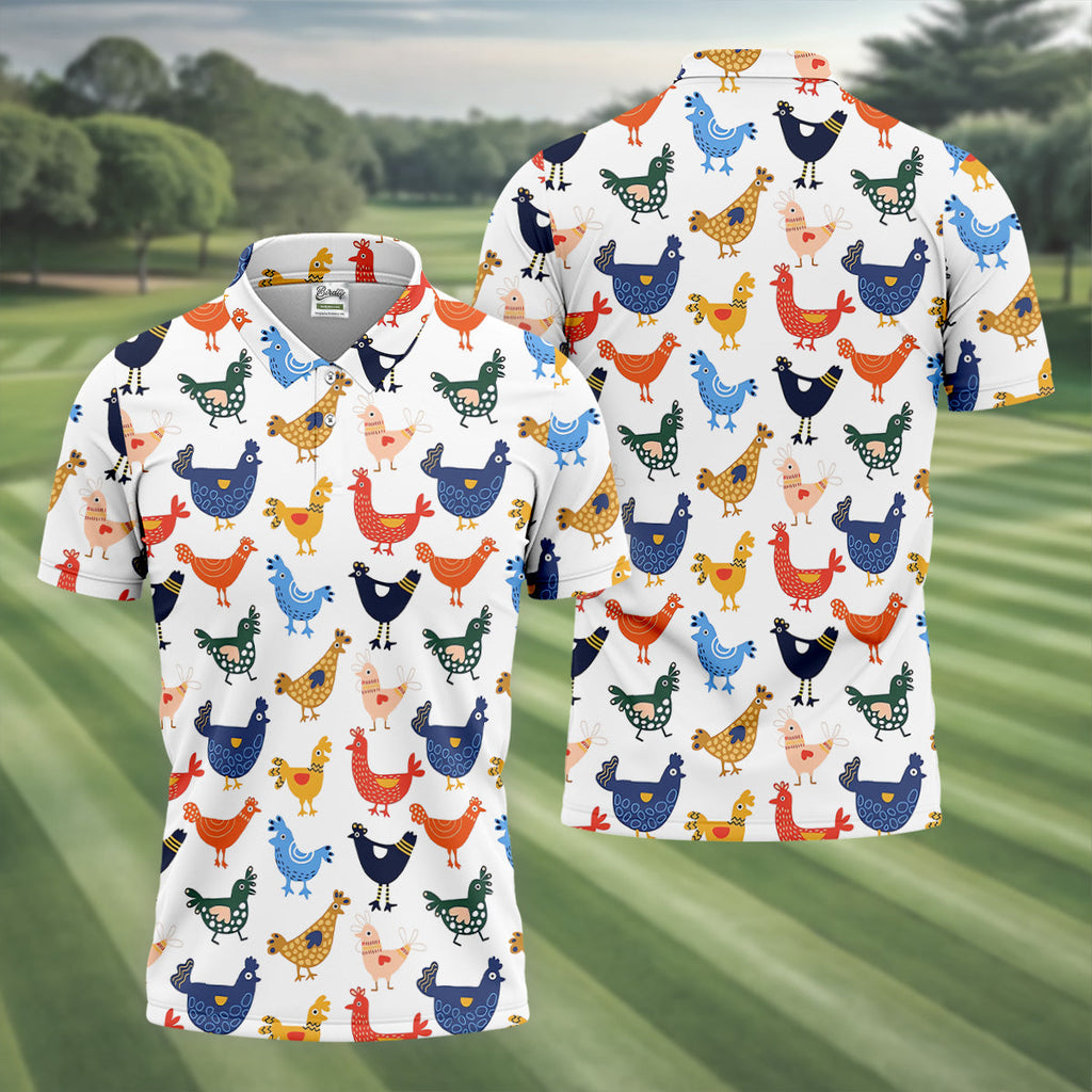 Colorful Animated Chickens White Polo Shirt Mens, Fun Golf Shirts For Men, Gift For Chicken Lover