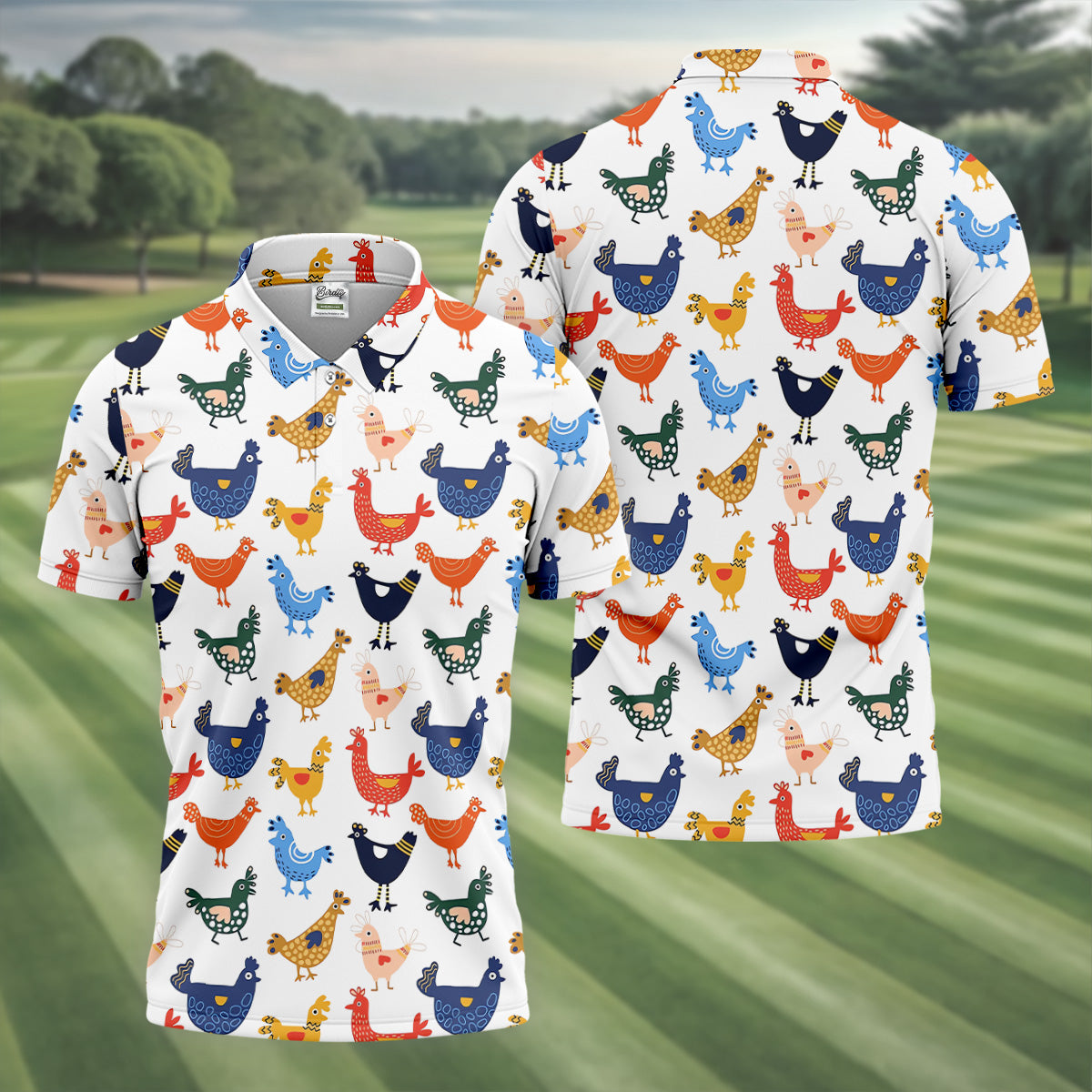 Colorful Animated Chickens White Polo Shirt Mens, Fun Golf Shirts For Men, Gift For Chicken Lover