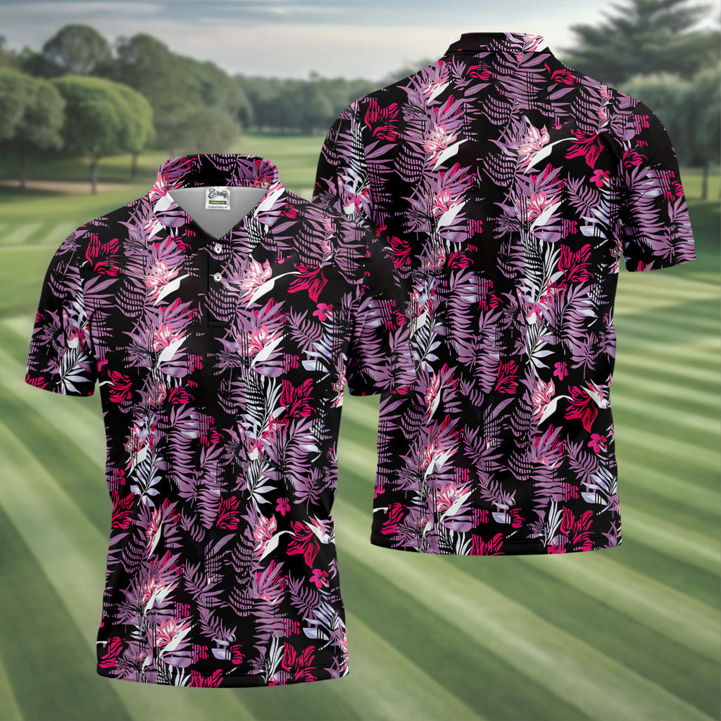 Purple And Black Tropical Golf Shirts, Golf Tops For Men, Polo Shirts For Men, Golfing Apparel