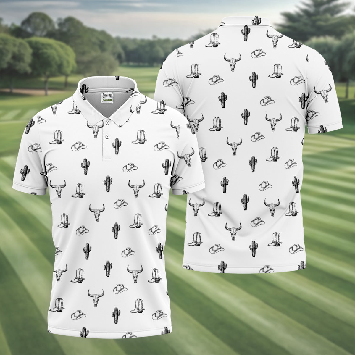 Wild West Cactus White Western Golf Shirt, Golf Tops For Men, Polo Shirts For Men, Golfing Apparel
