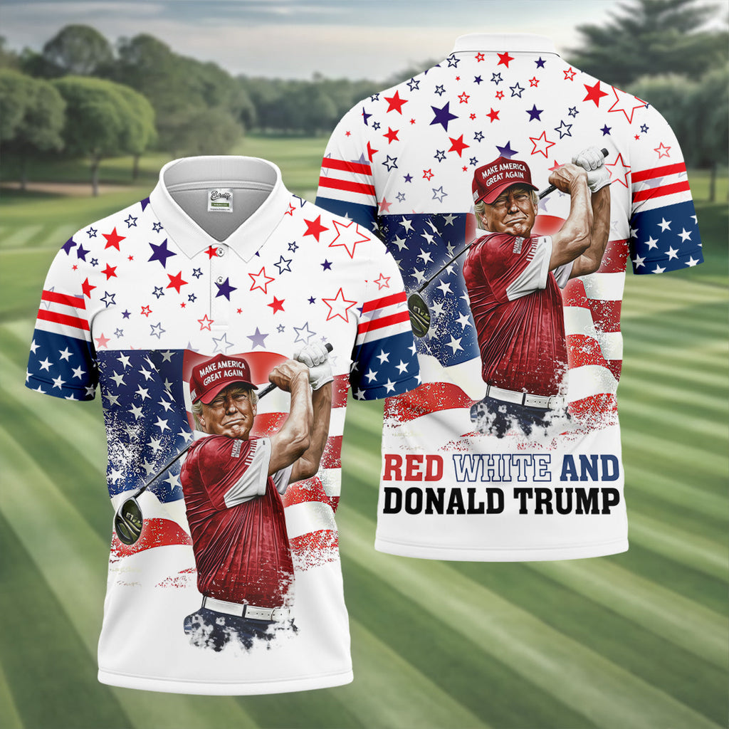 Red White And Donald Trump Men's Patriotic Golf Shirts, Polo Shirts For Men, Golfing Apparel