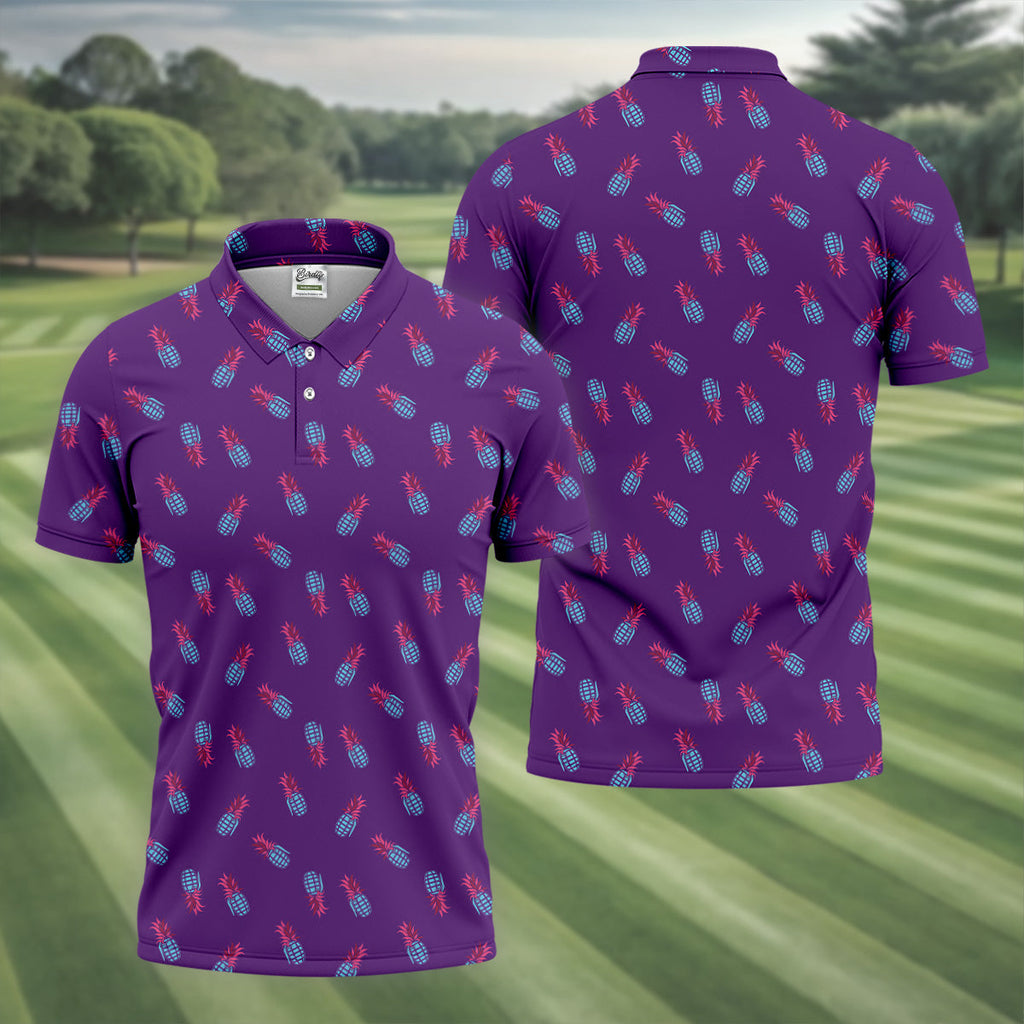 Pineapple Grenade Purple Golf Tops For Men, Men Polo, Golf Gift For Men, Golfing Apparel