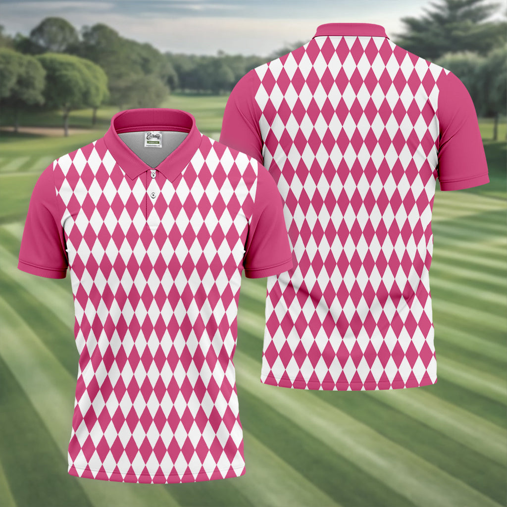 White And Pink Argyle Pattern Men Polo, Polo Shirts For Men, Golf Gift For Men, Golfing Apparel