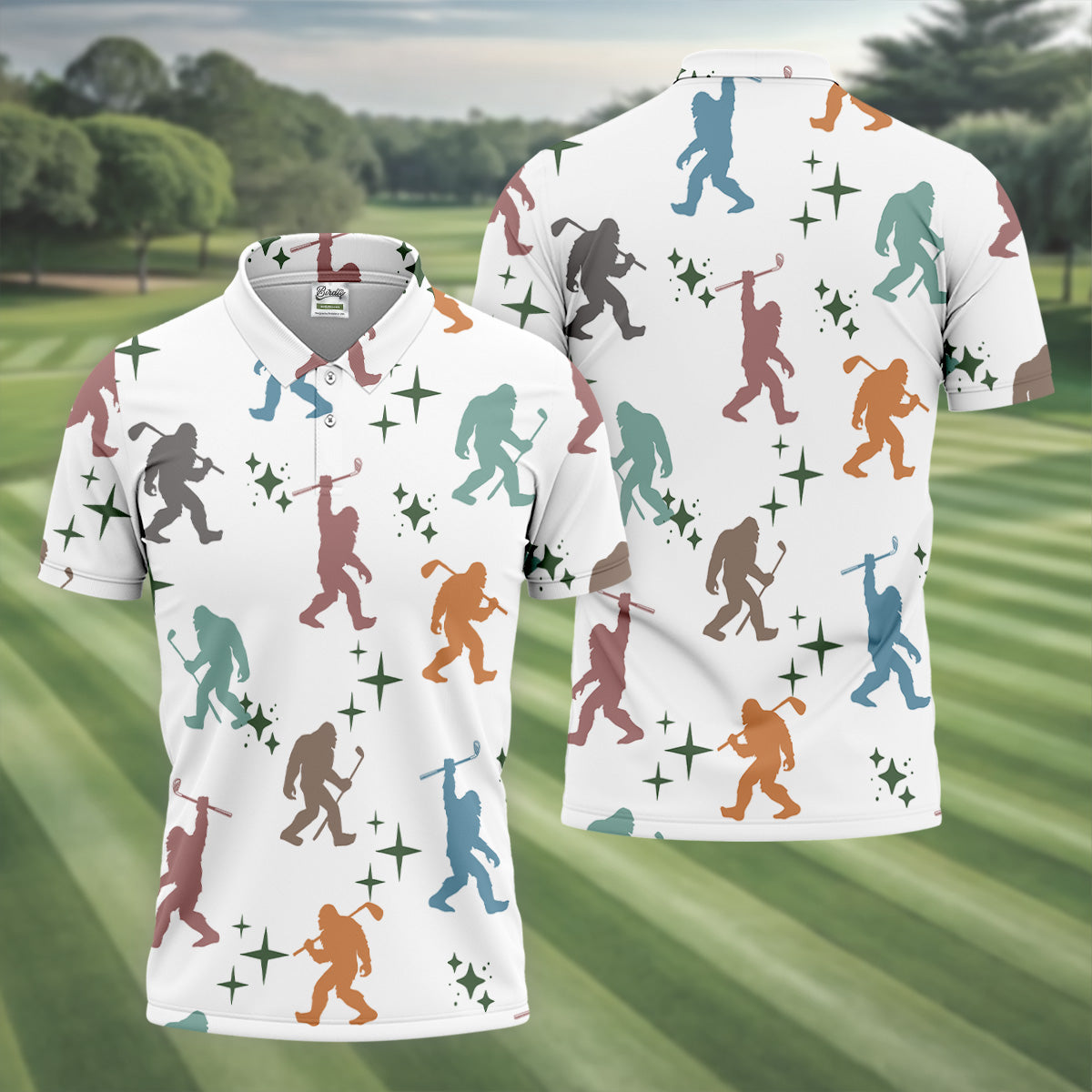 Colorful Bigfoot Silhouette Pattern Men's Funny Golf Shirts, Unique Gift For Golfer, Polo For Men