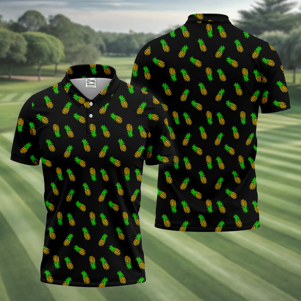 Pineapple Grenade Black And Yellow Golf Tops For Men, Men Polo, Golf Gift For Men, Golfing Apparel
