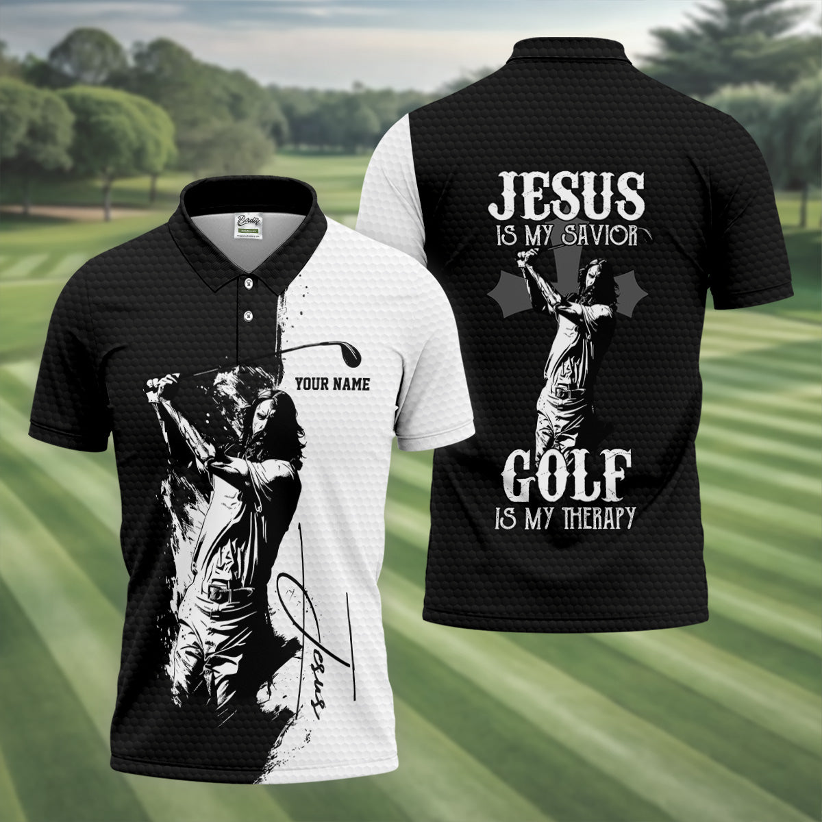 Jesus Is My Savior Golf Is My Therapy Christian Golf Shirt, Black And White Golf Polo, Polo Shirts For Men