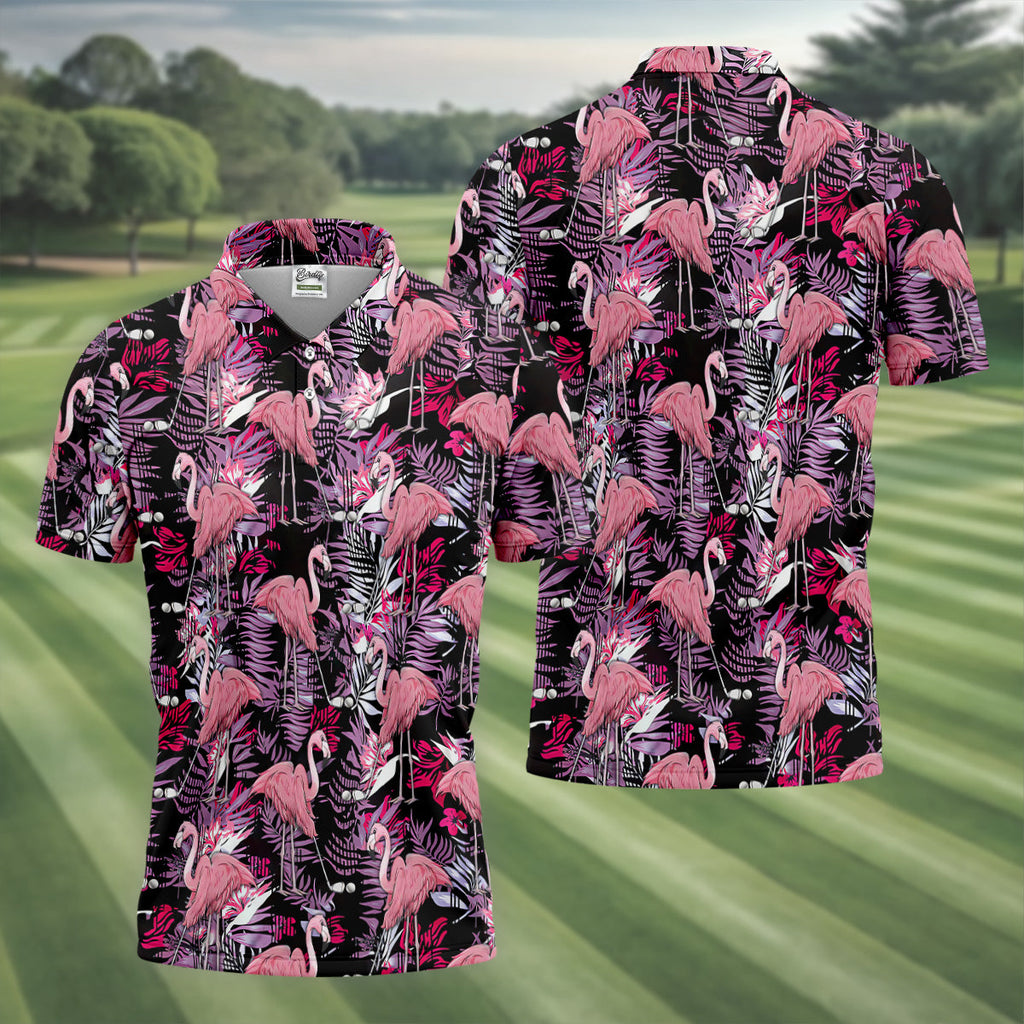 Tropical Flamingo Purple Golf Shirt, Golf Tops For Men, Polo Shirts For Men, Golfing Apparel