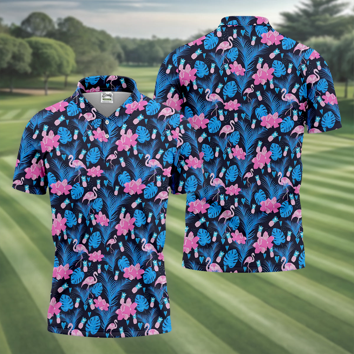 Flamingo Pink Pink And Blue Tropical Golf Shirts, Polo Shirts For Men, Golf Gift For Men, Golfing Apparel