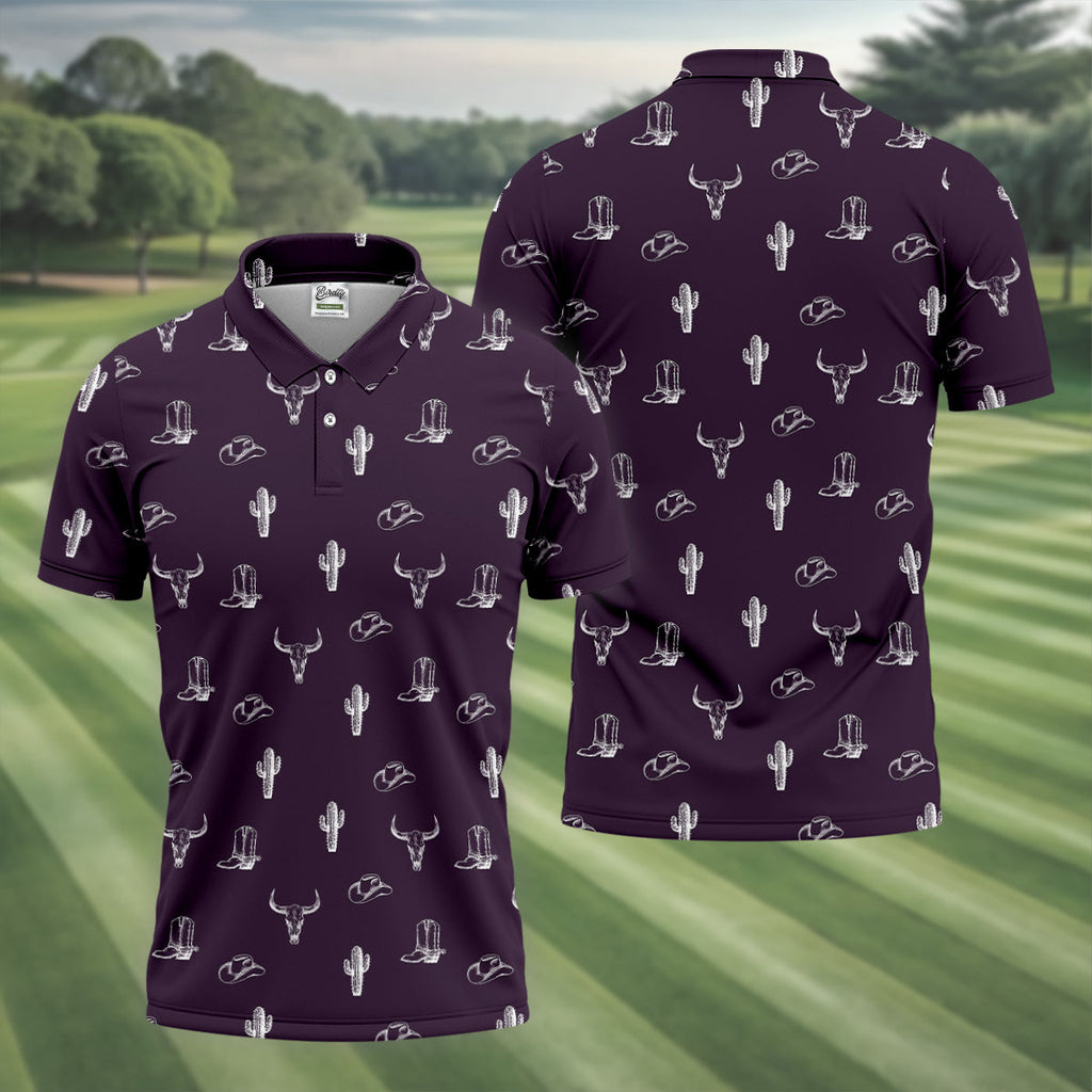 Wild West Cactus Purple Western Golf Shirt, Golf Tops For Men, Polo Shirts For Men, Golfing Apparel