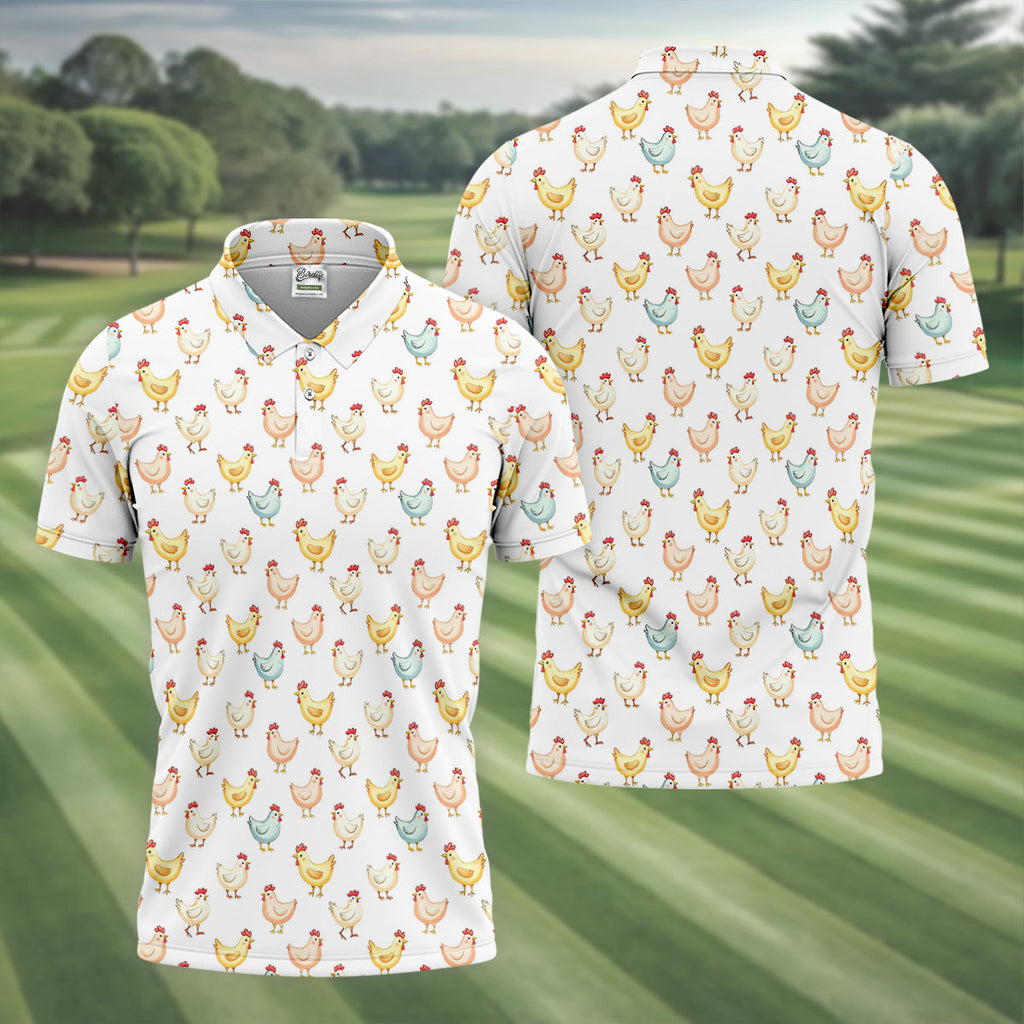 Chicken Rooster White Golf Tops For Men, Gift For Chicken Lover, Fun Golf Shirts For Men, Golfing Apparel
