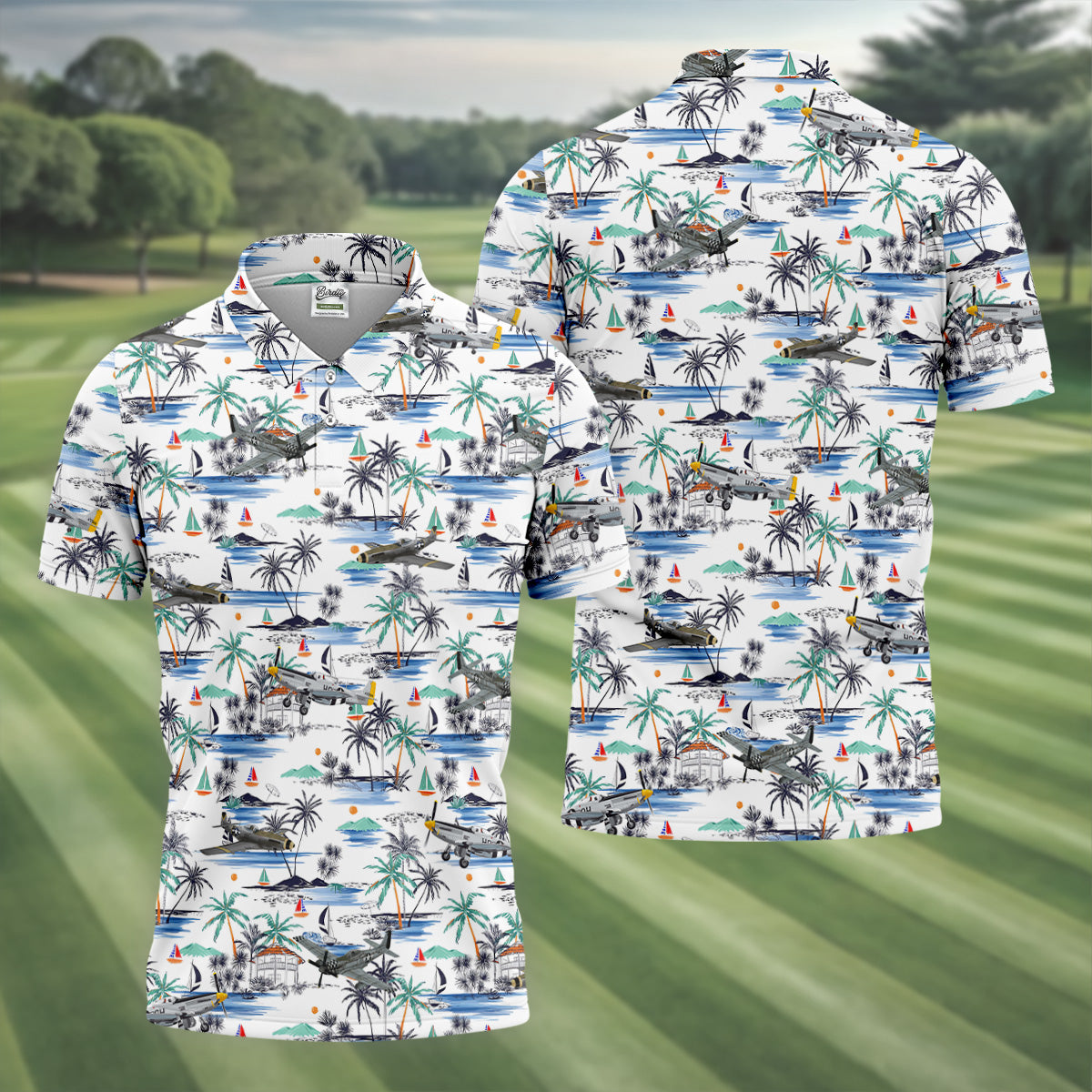 Light Blue Airplane Tropical Golf Shirts, Polo Shirts For Men, Gifts For Golf Lovers, Golf Shirts For Men