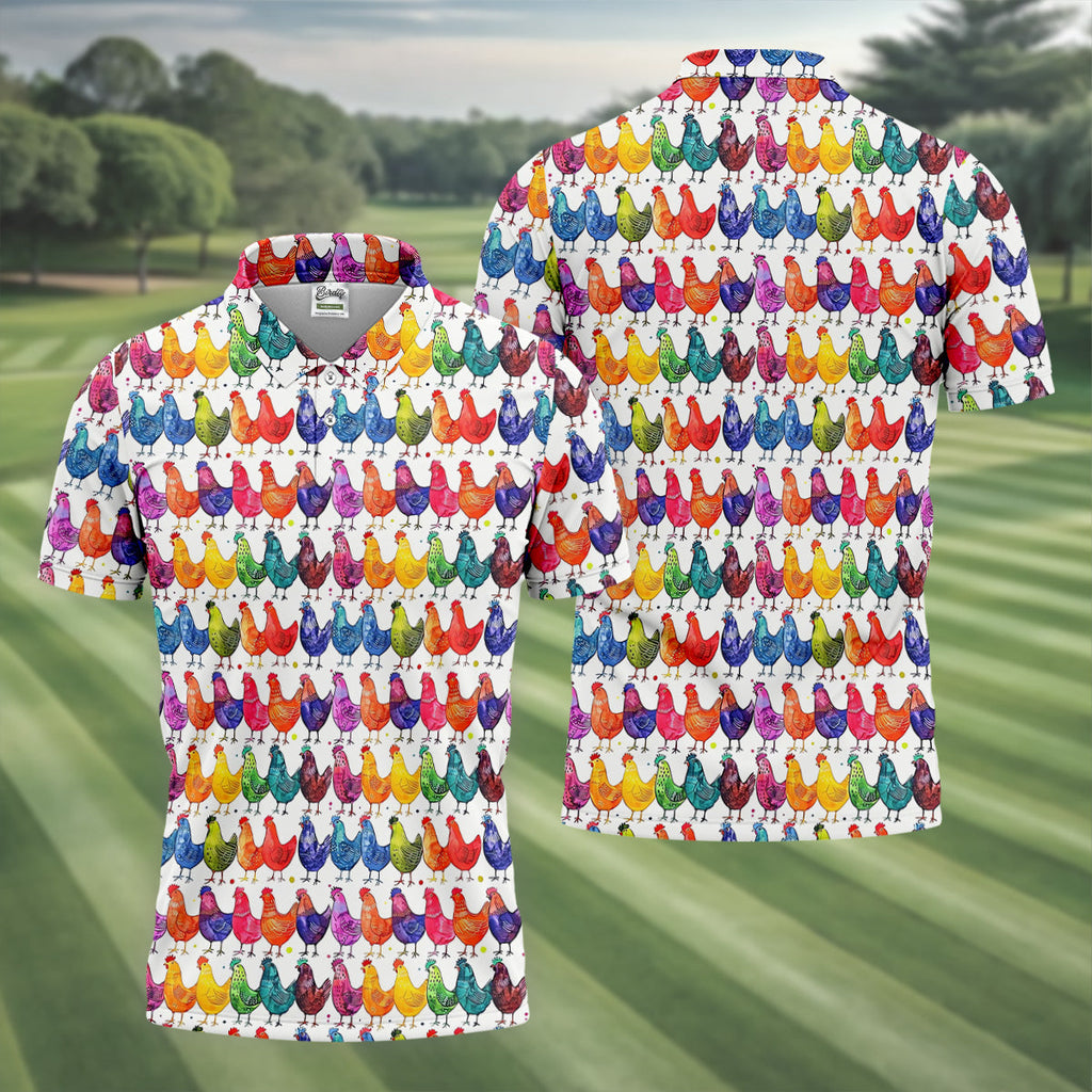 Whimsical Chicken Colorful Golf Shirt, Cute Golf Outfit, Polo Shirts For Men, Golfing Apparel