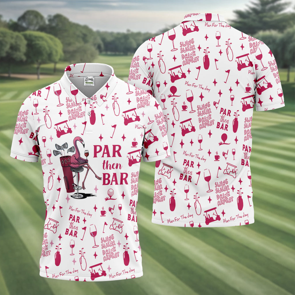 Swing Swear Drink Repeat Par Then Bar Flamingo Golf Shirt, Fun Men's Golf Polos, Polo Shirts For Men