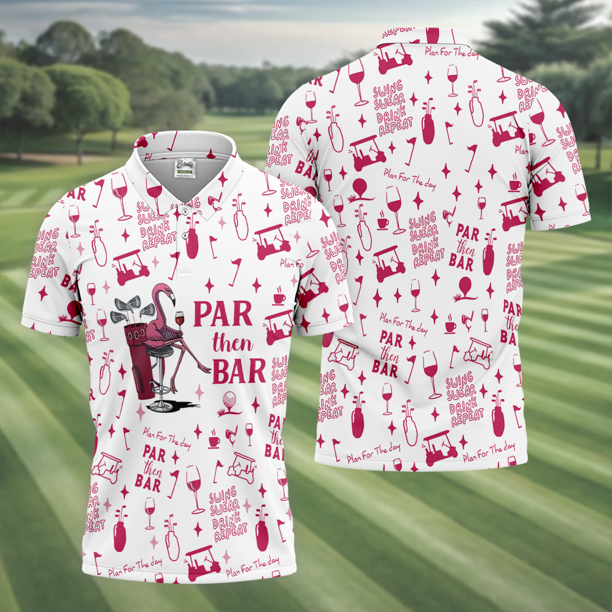 Swing Swear Drink Repeat Par Then Bar Flamingo Golf Shirt, Fun Men's Golf Polos, Polo Shirts For Men