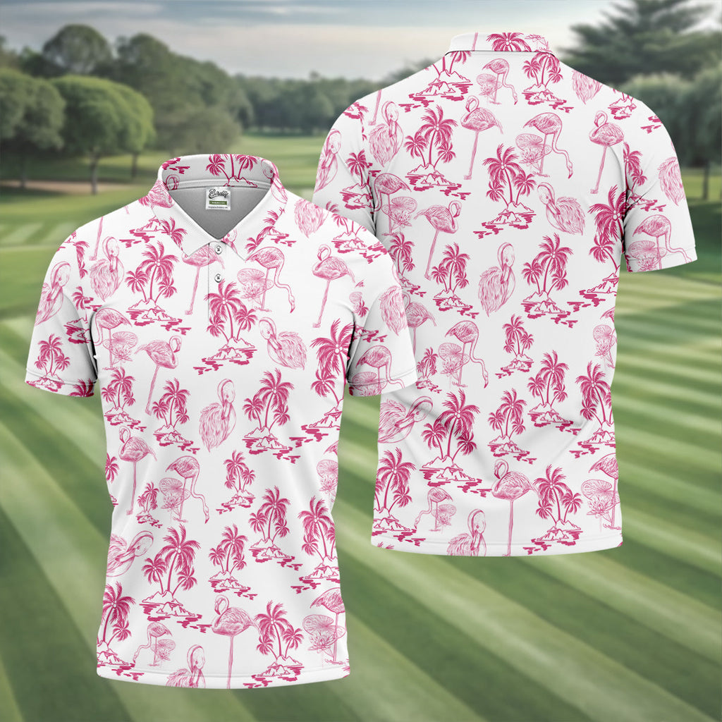 White And Pink Flamingo Tropical Men Polo, Polo Shirts For Men, Golf Gift For Men, Golfing Apparel
