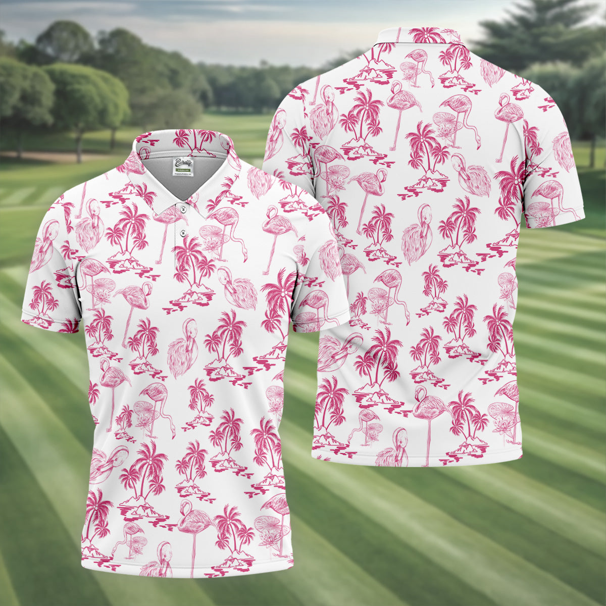 White And Pink Flamingo Tropical Men Polo, Polo Shirts For Men, Golf Gift For Men, Golfing Apparel