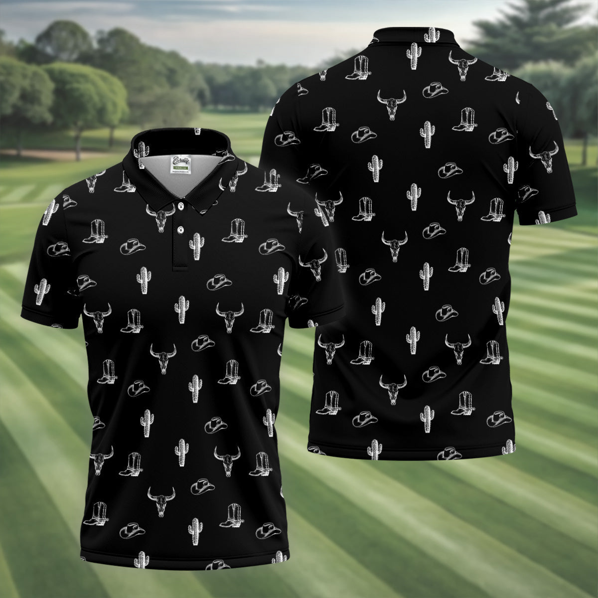 Wild West Cactus Black Western Golf Shirt, Golf Tops For Men, Polo Shirts For Men, Golfing Apparel