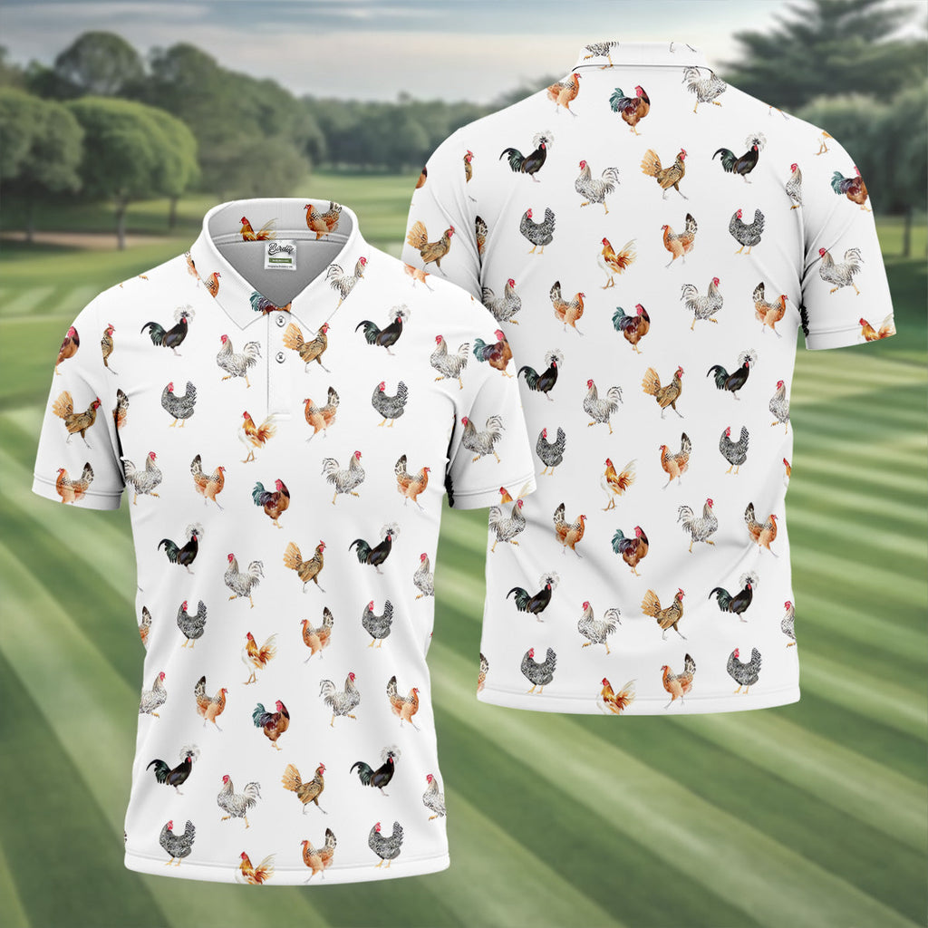 Prancing Chickens Men's White Golf Polo, Gift For Chicken Lover, Polo Shirts For Men, Golfing Apparel
