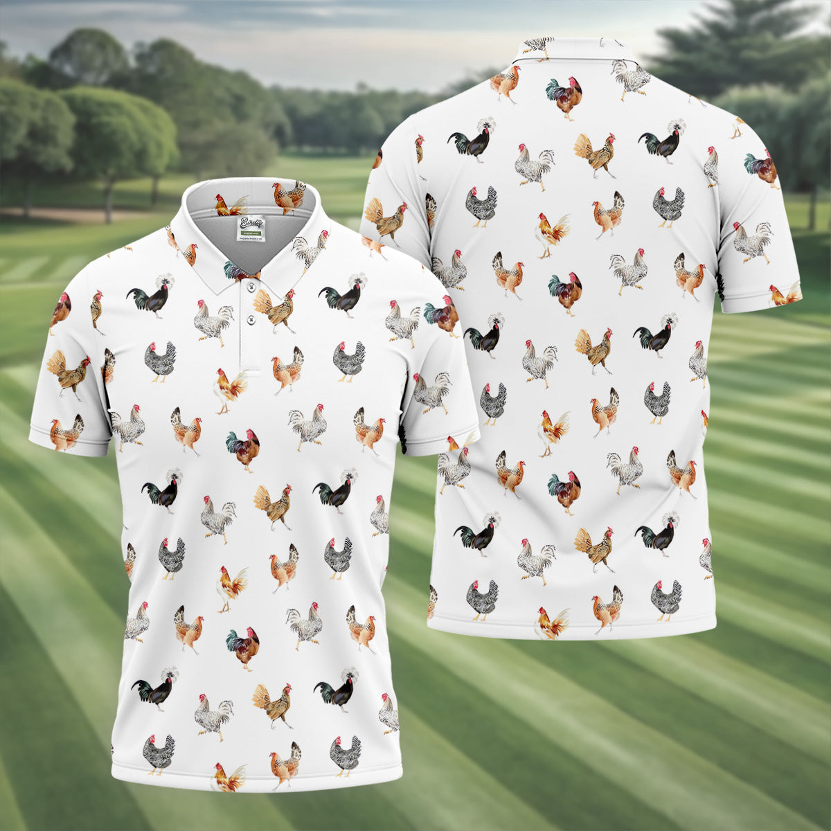 Prancing Chickens Men's White Golf Polo, Gift For Chicken Lover, Polo Shirts For Men, Golfing Apparel