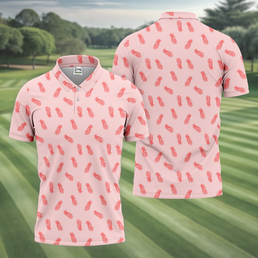 Pineapple Grenade Pink Golf Tops For Men, Men Polo, Golf Gift For Men, Golfing Apparel