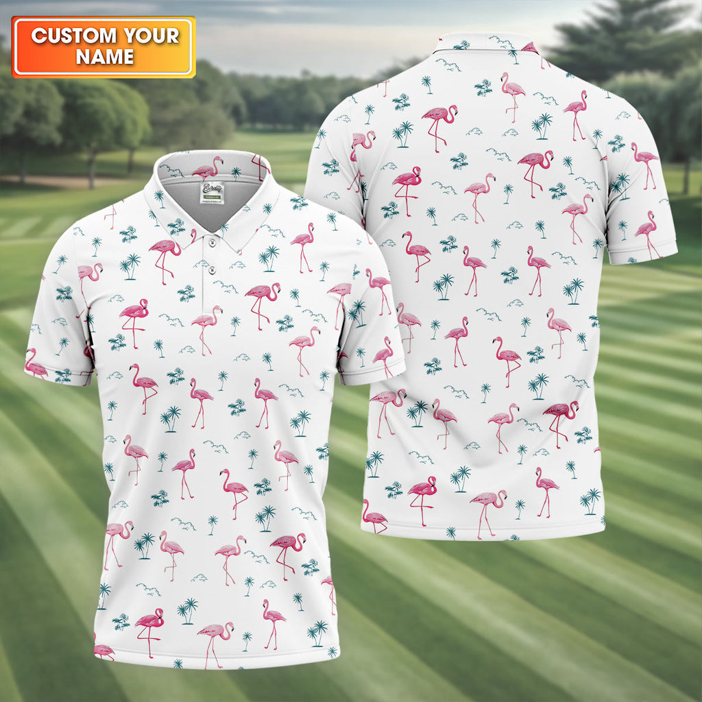 Flamingo Tropical White Polo Shirt, Summer Polo Shirt Unique Gift For Golfer