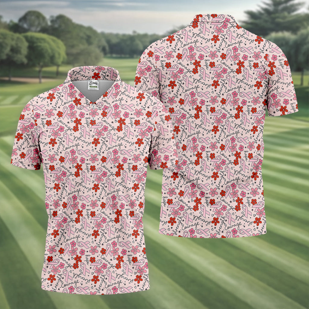 Breast Cancer Awareness Ribbon Flower Men Shirt, Men's Pink Golf Polo, Polo Shirts For Men